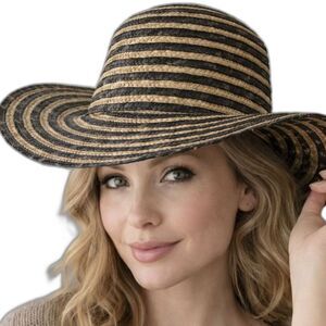 Filippo Catarzi Italy Wide Brim Straw Sun Hat Black Tan Stripe Straw Chic VTG